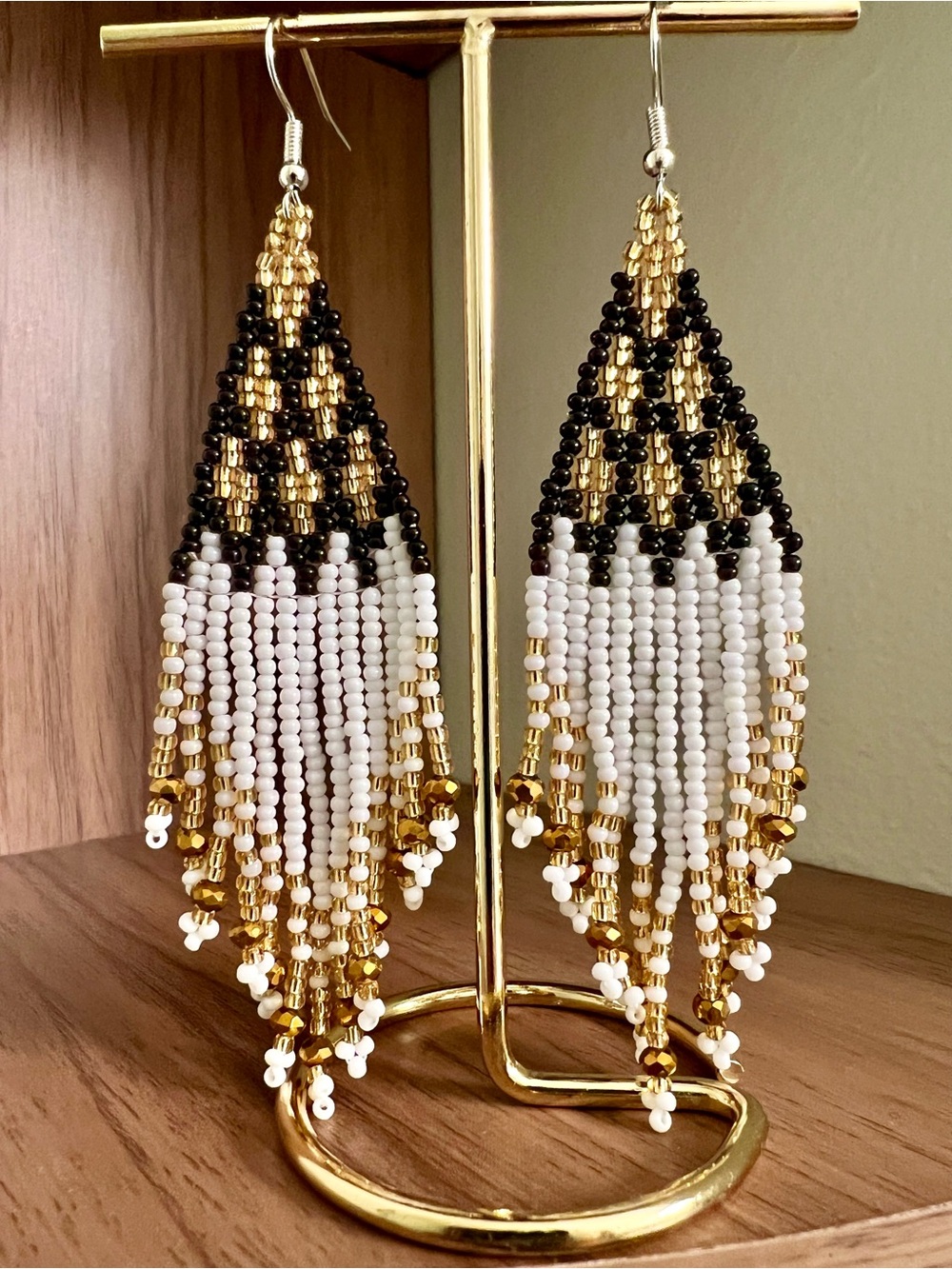 Handmade Gold, Black & White Beaded Fringe Earrings